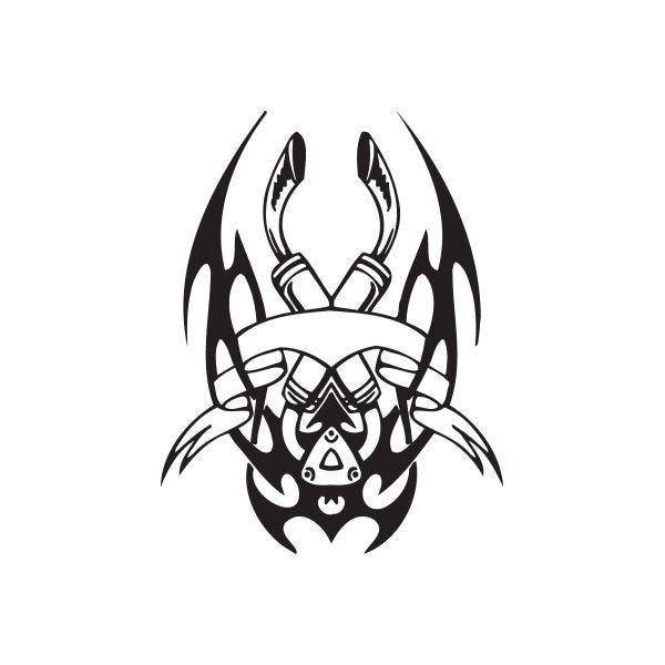 Black and white chopper skull wall decal with crossed tools and flames