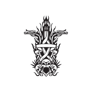 Chopper wall decal with black flames and skull graphic, flame outline and banner
