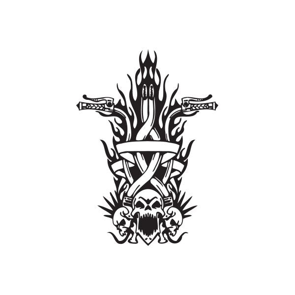 Chopper wall decal with black flames and skull graphic, flame outline and banner