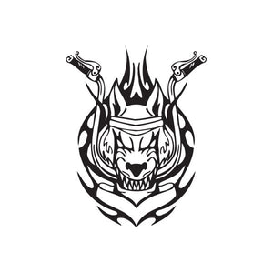 Black skull and flame wall decal with tribal horns and snarling face