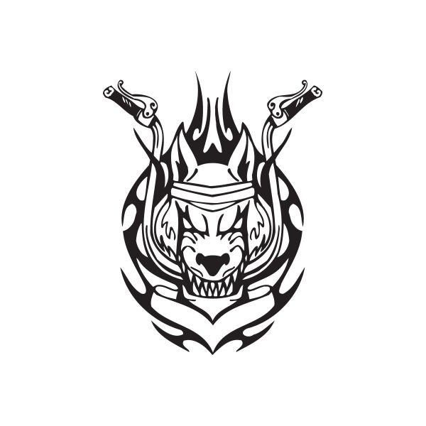 Black skull and flame wall decal with tribal horns and snarling face