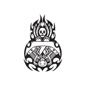 Skull wall decal with flames and cross tools, black and white vinyl sticker