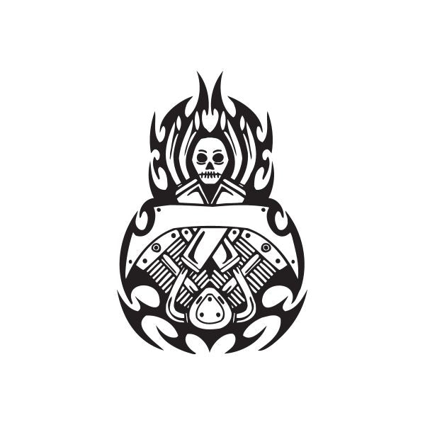 Skull wall decal with flames and cross tools, black and white vinyl sticker