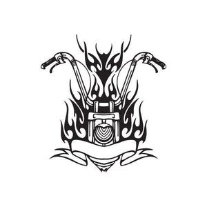 Chopper wall decal vinyl sticker with flaming engine and banner, black