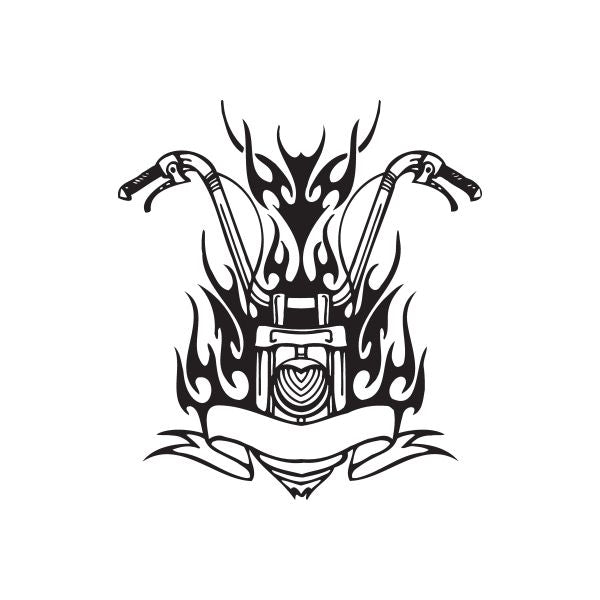 Chopper wall decal vinyl sticker with flaming engine and banner, black