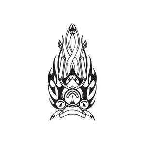 Black flame-style chopper vinyl wall decal with central emblem and flames