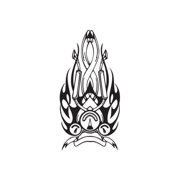 Black flame-style chopper vinyl wall decal with central emblem and flames