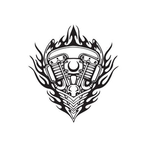 Vinyl wall decal featuring black chopper engine tribal flame emblem