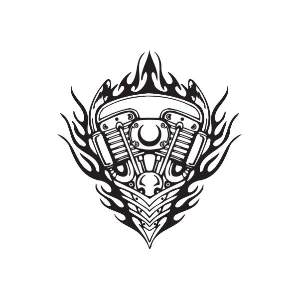 Vinyl wall decal featuring black chopper engine tribal flame emblem