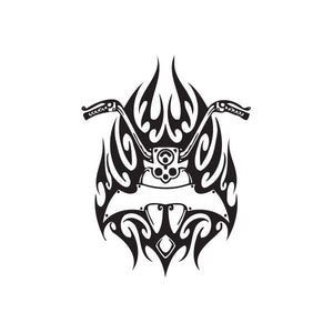 Black and white skull flame vinyl wall decal with tribal helmet horn design