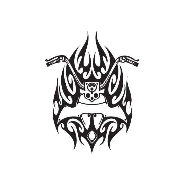 Black and white skull flame vinyl wall decal with tribal helmet horn design