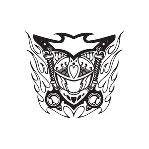 Chopper wall decal, black and white tribal design with heart and flames