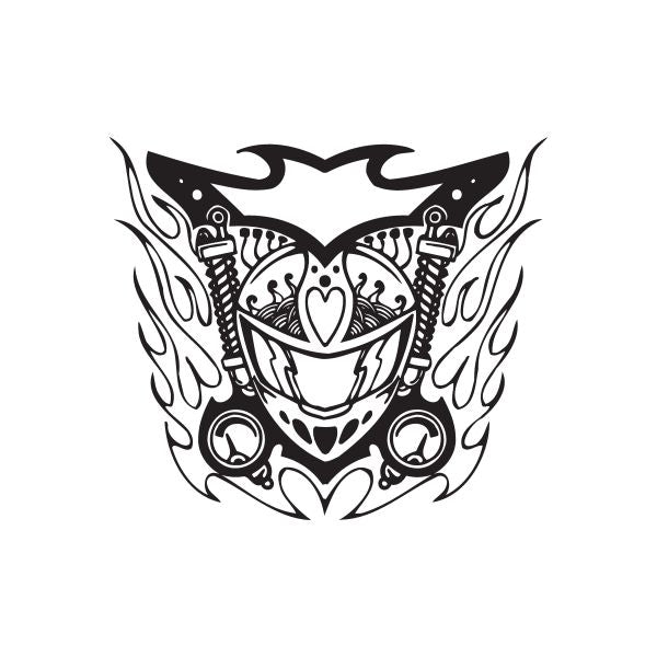 Chopper wall decal, black and white tribal design with heart and flames