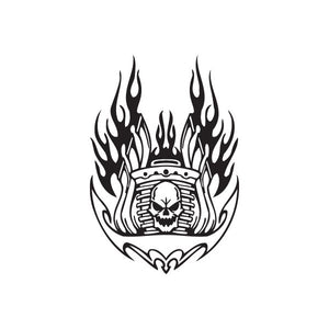 Black vinyl wall decal of a skull in flames with a winged emblem