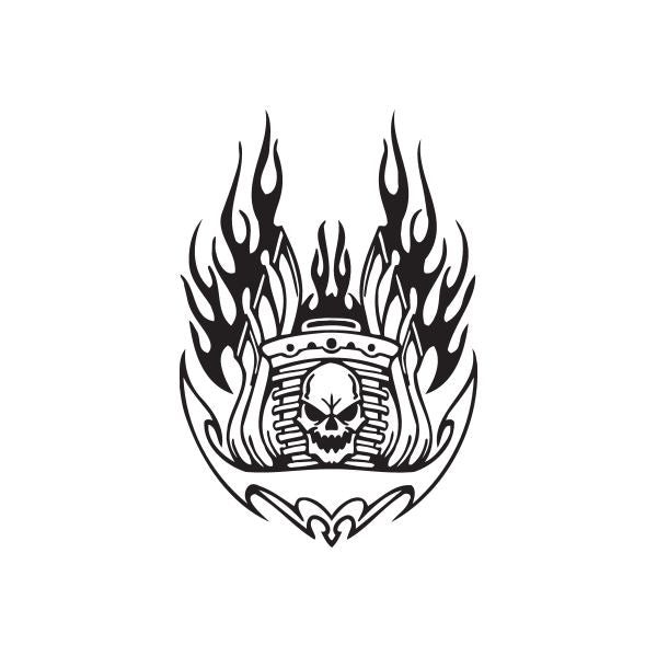 Black vinyl wall decal of a skull in flames with a winged emblem