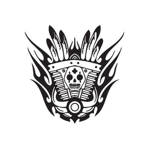 Black vinyl wall decal featuring a skull emblem with flame-style graphics