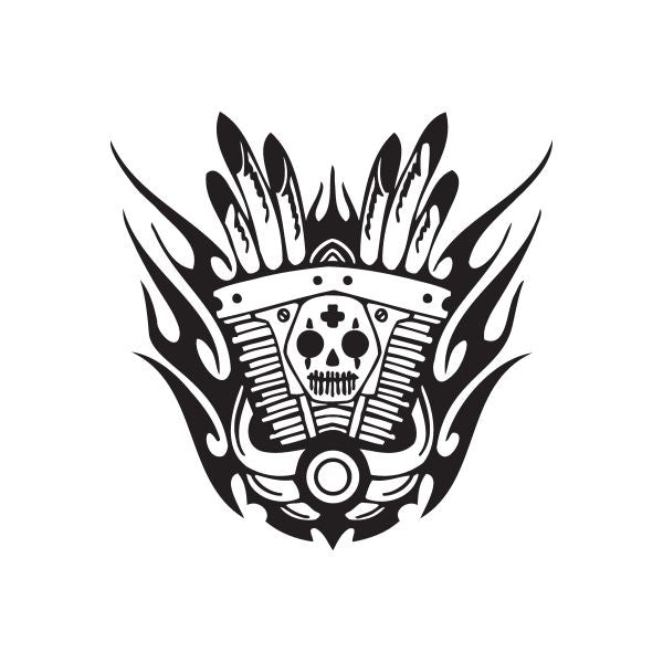 Black vinyl wall decal featuring a skull emblem with flame-style graphics