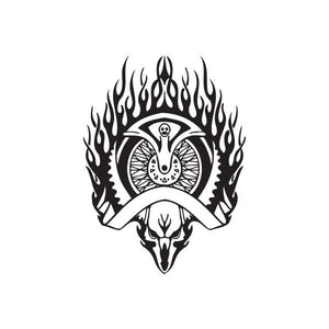 Chopper vinyl wall decal featuring a skull face with flame border and wheel eye.