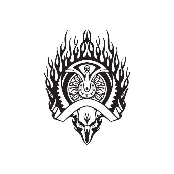 Chopper vinyl wall decal featuring a skull face with flame border and wheel eye.