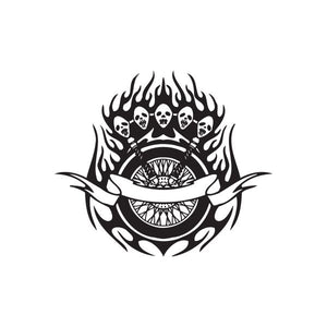 Black vinyl wall decal with flaming skulls and circular eye design