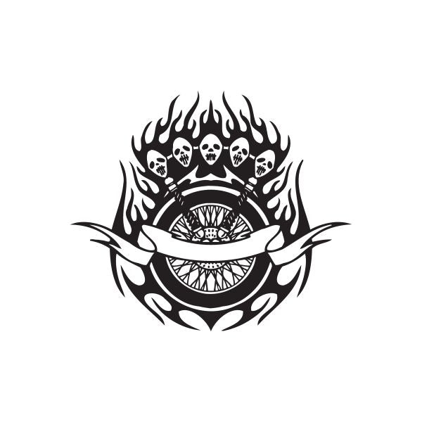 Black vinyl wall decal with flaming skulls and circular eye design