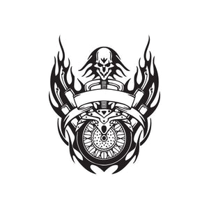 Vinyl wall decal: black skull with flames and wheel graphic