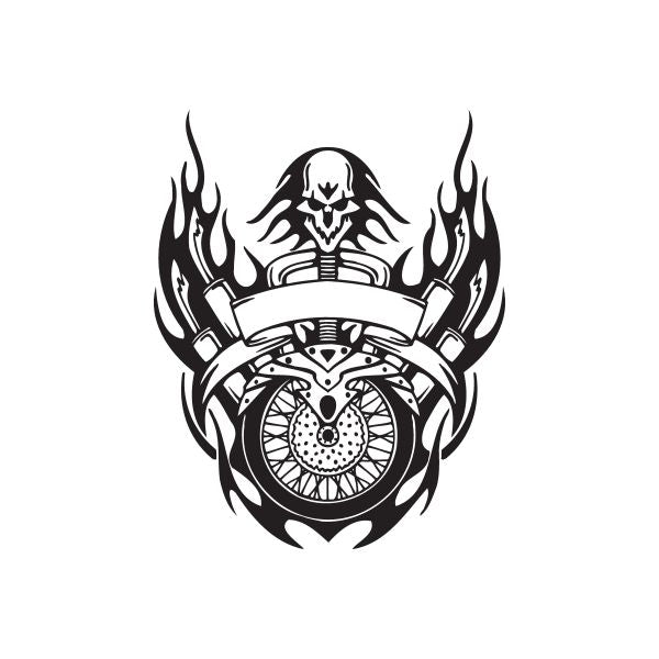 Vinyl wall decal: black skull with flames and wheel graphic