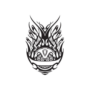 Black vinyl wall decal featuring stylized skull with flame and tribal pattern