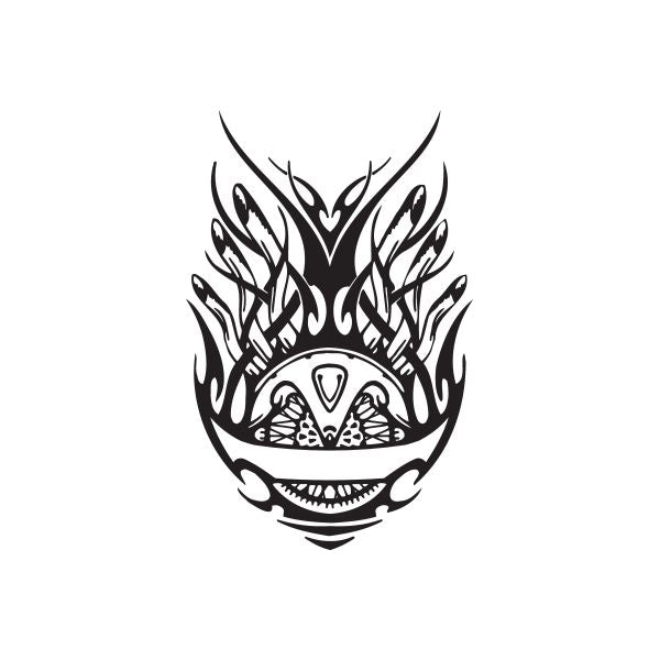 Black vinyl wall decal featuring stylized skull with flame and tribal pattern