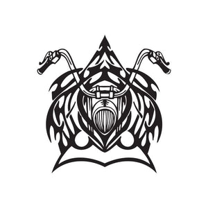 Black vinyl wall decal, flaming chopper skull with wings and crossed handlebars