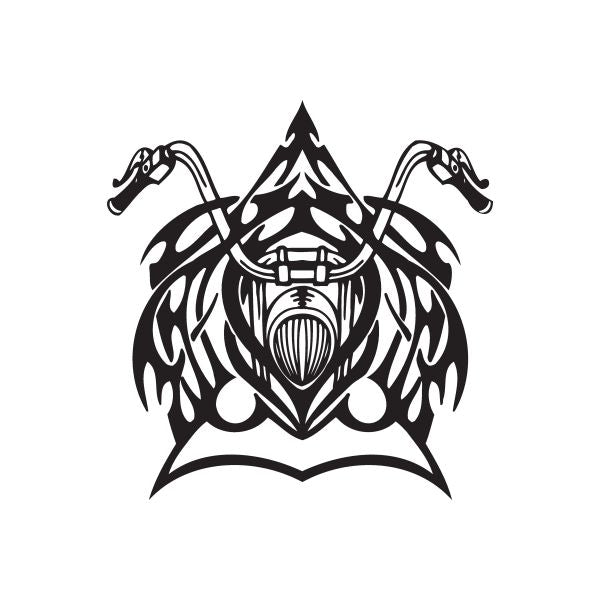 Black vinyl wall decal, flaming chopper skull with wings and crossed handlebars