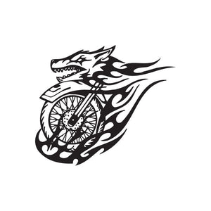 Chopper wall decal, black and white stylized wheel and flames with skull face