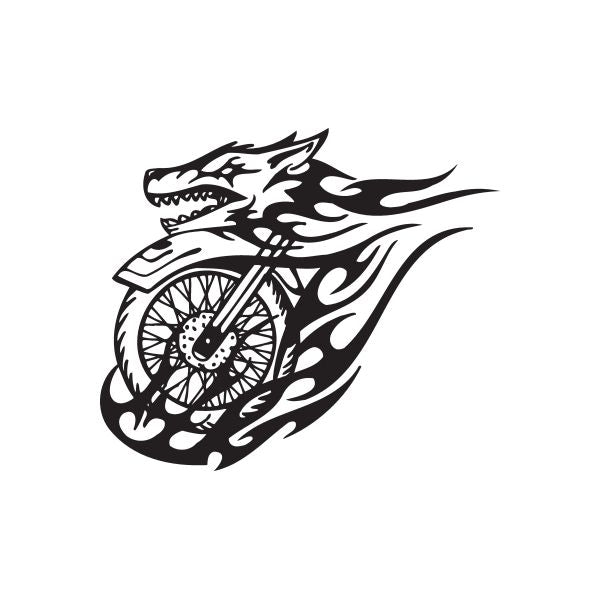 Chopper wall decal, black and white stylized wheel and flames with skull face