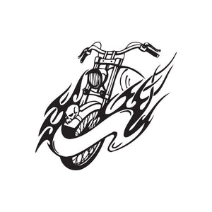 Black stylized chopper motorcycle vinyl wall decal with flame accents