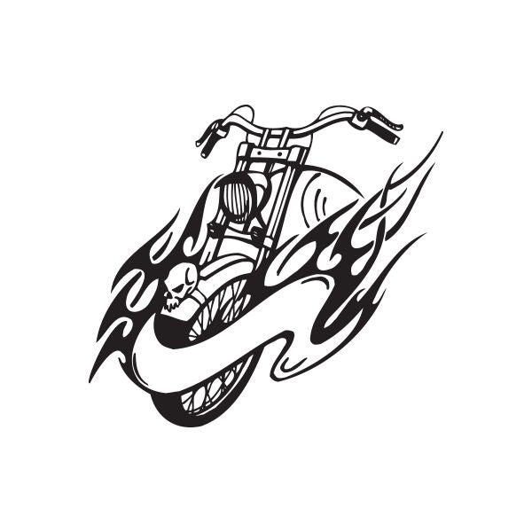 Black stylized chopper motorcycle vinyl wall decal with flame accents