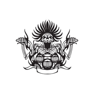 Vinyl wall decal with black skull-faced warrior and winged headdress, holding weapons