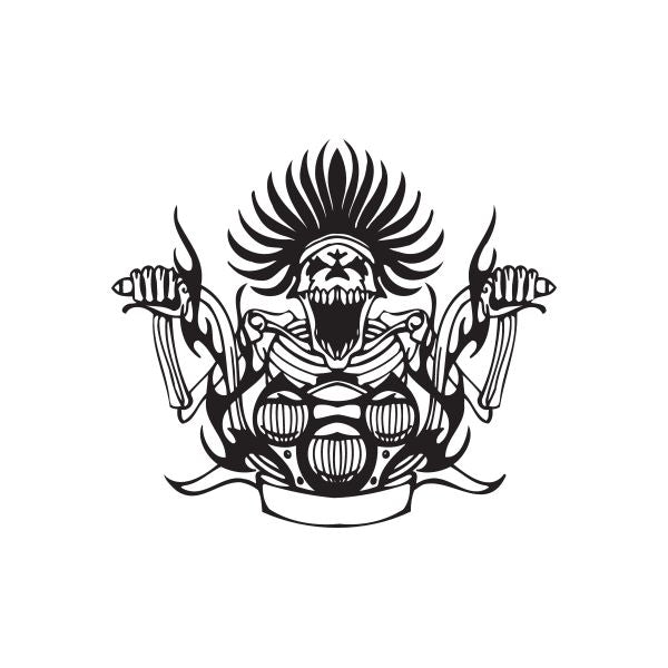 Vinyl wall decal with black skull-faced warrior and winged headdress, holding weapons