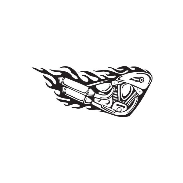 Vinyl wall decal of a stylized chopper motorcycle head with flame accents