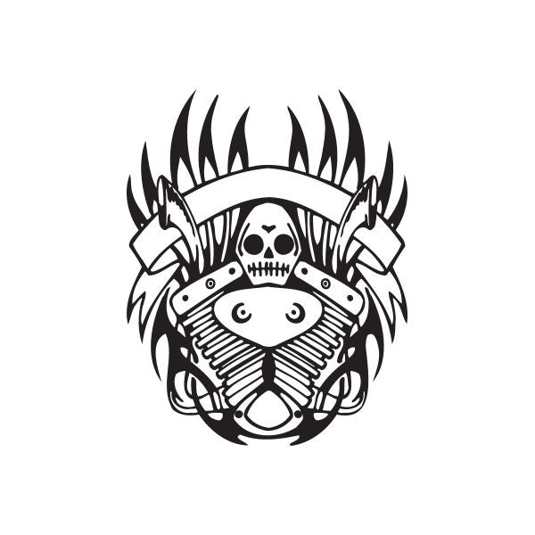 Pirate skull vinyl wall decal in black with flame-style hair and white highlights