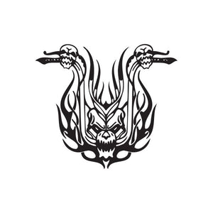 Black chopper motorcycle wall decal with skull and flame tribal design