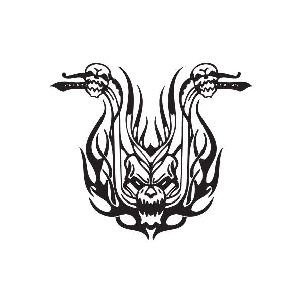 Black chopper motorcycle wall decal with skull and flame tribal design
