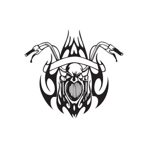 Vinyl wall decal with flaming skull and crossed handguns, black outline