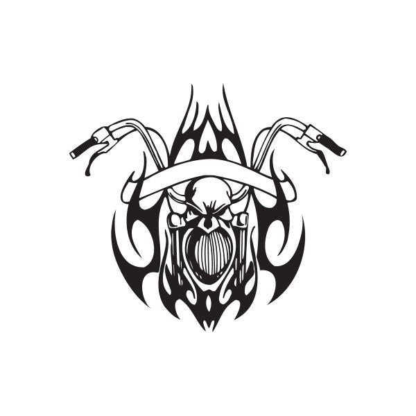 Vinyl wall decal with flaming skull and crossed handguns, black outline