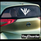 White stylized logo and text decals on car rear window