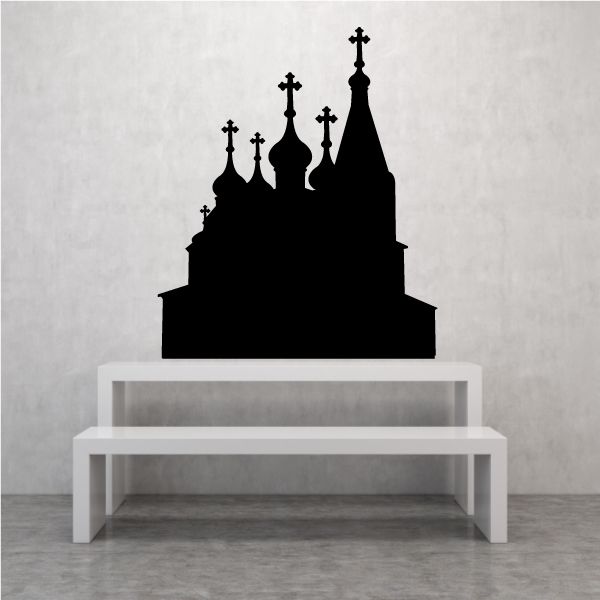 Church skyline wall decal with multiple spires, black silhouette