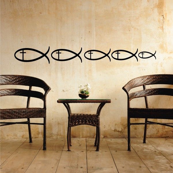 Christian fish cross family decal: black interlinked fish with small cross accents