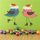 Christmas birds ice skating sticker with two cartoon birds wearing Santa hats and candy cane stripes