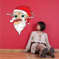 Santa face sticker with red hat, green eyes, white beard, plaid scarf, candy cane.
