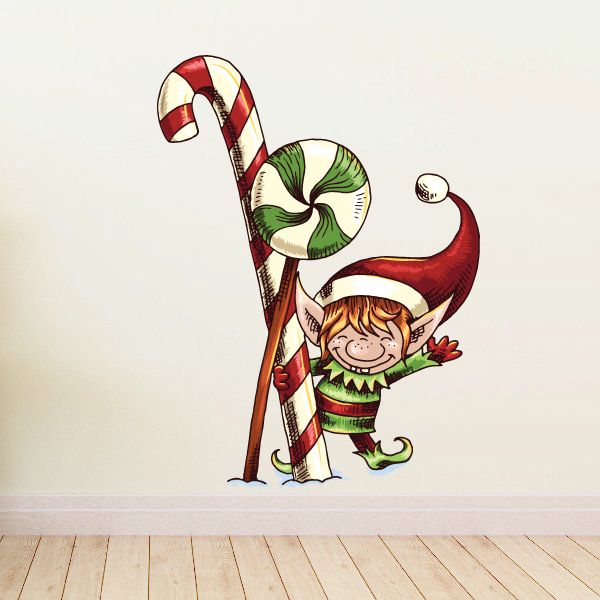 Image of Christmas Elf Helper Greeting with Candy Canes Sticker