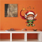 Christmas elf helper sticker with smiling elf, red moon, and star accents